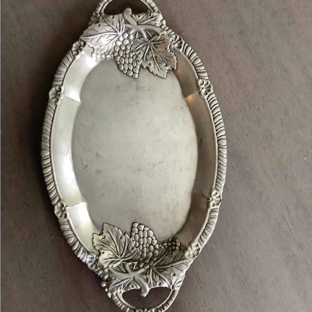 Ornate Silver Oval Serving Tray with Grape Design